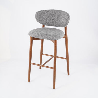Tabouret de bar contemporain nordique rond en tissu avec cadre en bois massif, dossier bas et repose-pieds pour salle à manger 