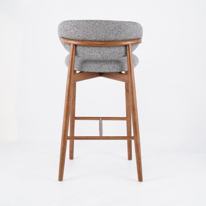 Tabouret de bar contemporain nordique rond en tissu avec cadre en bois massif, dossier bas et repose-pieds pour salle à manger 