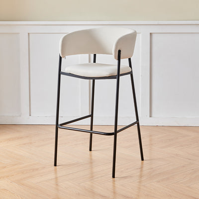 Tabouret de bar contemporain nordique incurvé en flanelle avec cadre en fer, dossier bas et repose-pieds pour salle à manger 