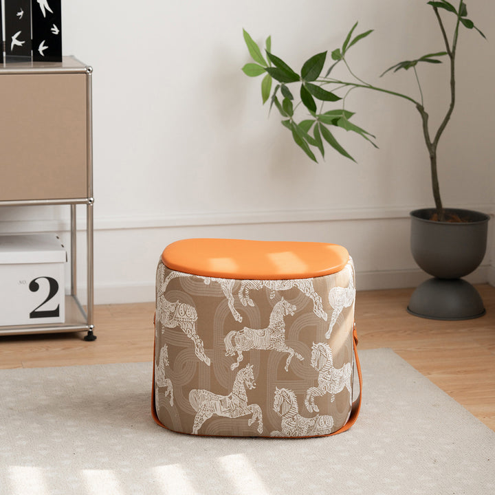 Contemporary Luxury Square Faux Saddle Leather Pouf Footstool For Entryway