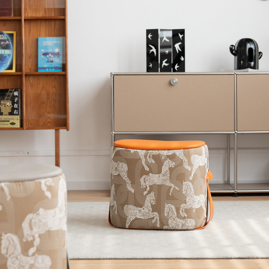 Contemporary Luxury Square Faux Saddle Leather Pouf Footstool For Entryway