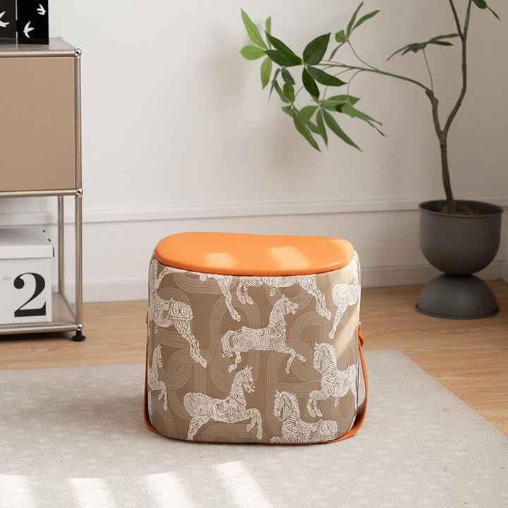 Contemporary Luxury Square Faux Saddle Leather Pouf Footstool For Entryway
