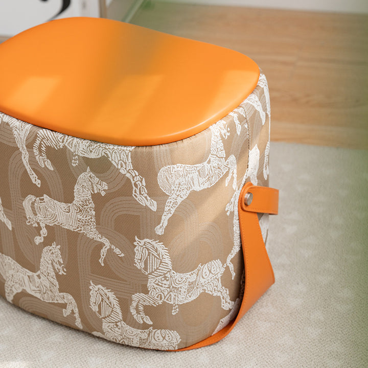 Contemporary Luxury Square Faux Saddle Leather Pouf Footstool For Entryway