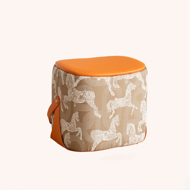 Contemporary Luxury Square Faux Saddle Leather Pouf Footstool For Entryway