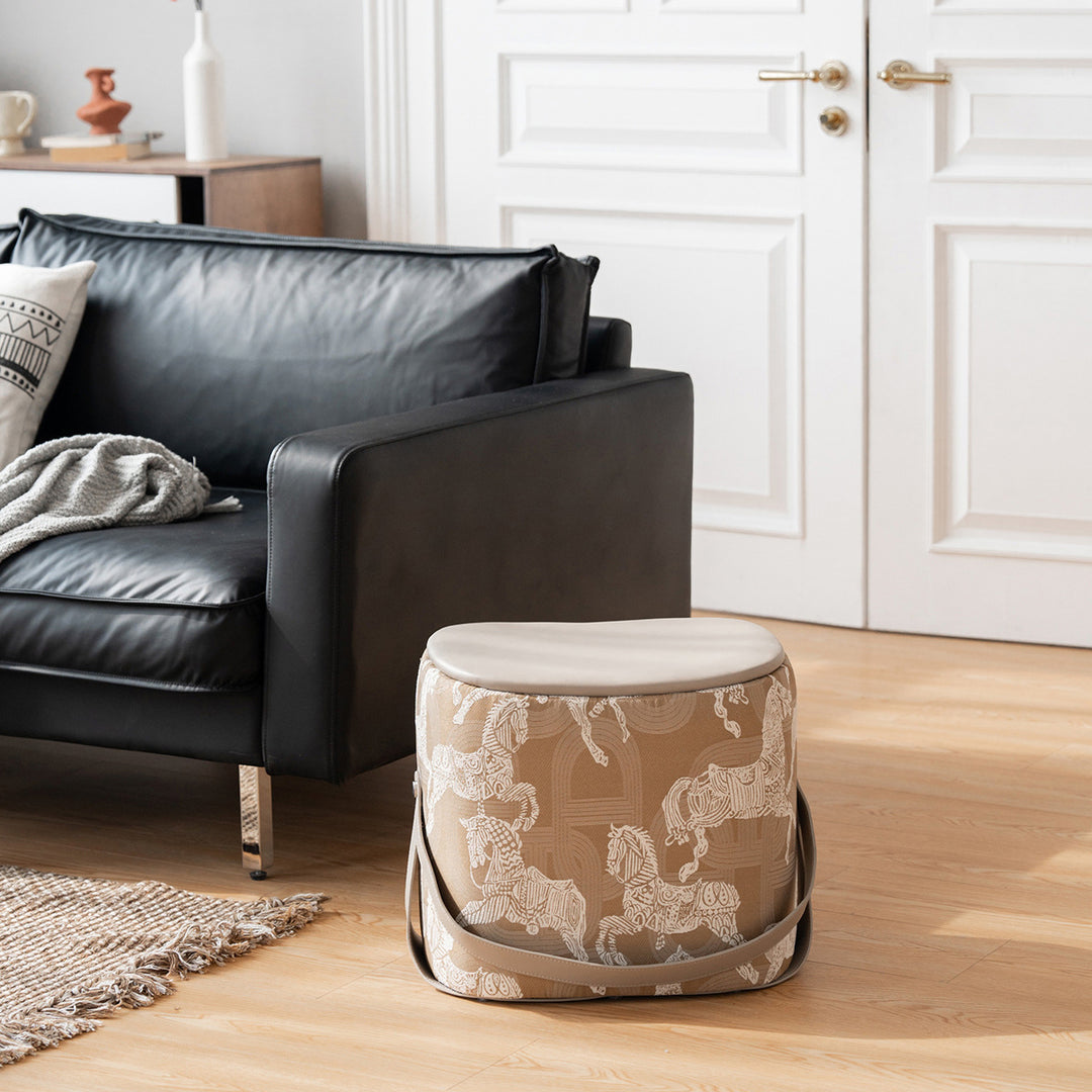 Contemporary Luxury Square Faux Saddle Leather Pouf Footstool For Entryway