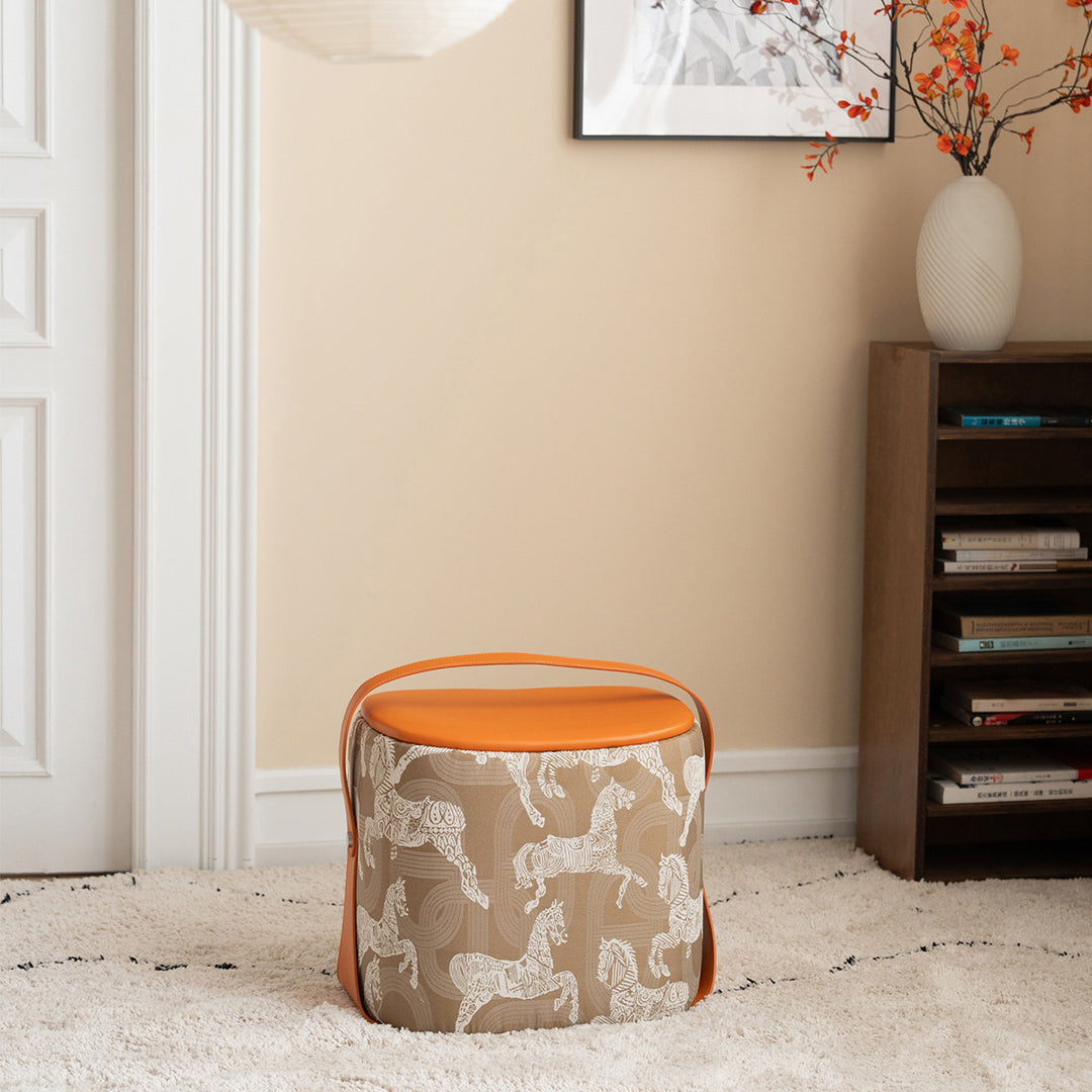 Contemporary Luxury Square Faux Saddle Leather Pouf Footstool For Entryway
