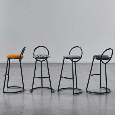 Modern Transitional Round Houndstooth Cushion Metal Bar Stool Arc Backrest Footrest For Dining Room