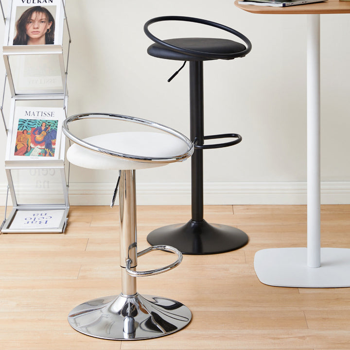 Modern Mid-Century Round Faux Nappa Leather Carbon Steel Height Adjustable Swivel Bar Stool Low Back Footrest For Dining Room
