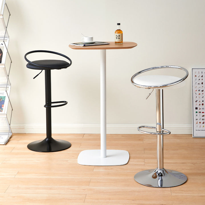 Modern Mid-Century Round Faux Nappa Leather Carbon Steel Height Adjustable Swivel Bar Stool Low Back Footrest For Dining Room