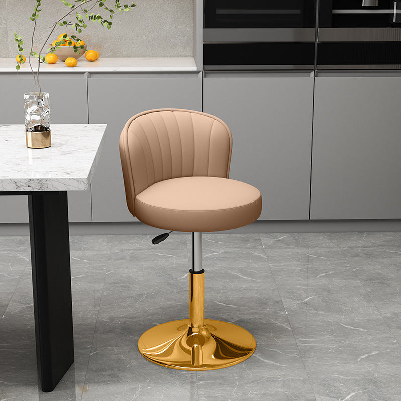 Contemporary Luxury Round Faux Nappa Leather Bentwood Metal Liftable Swivel Bar Stool Low Back For Dining Room