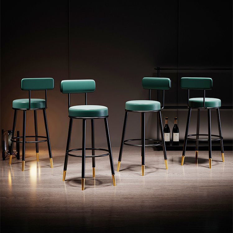 Taburete de barra contemporáneo nórdico redondo de cuero PU cuero de microfibra cuero genuino mejor material cuero genuino tapizado de hierro con respaldo reposapiés para comedor 