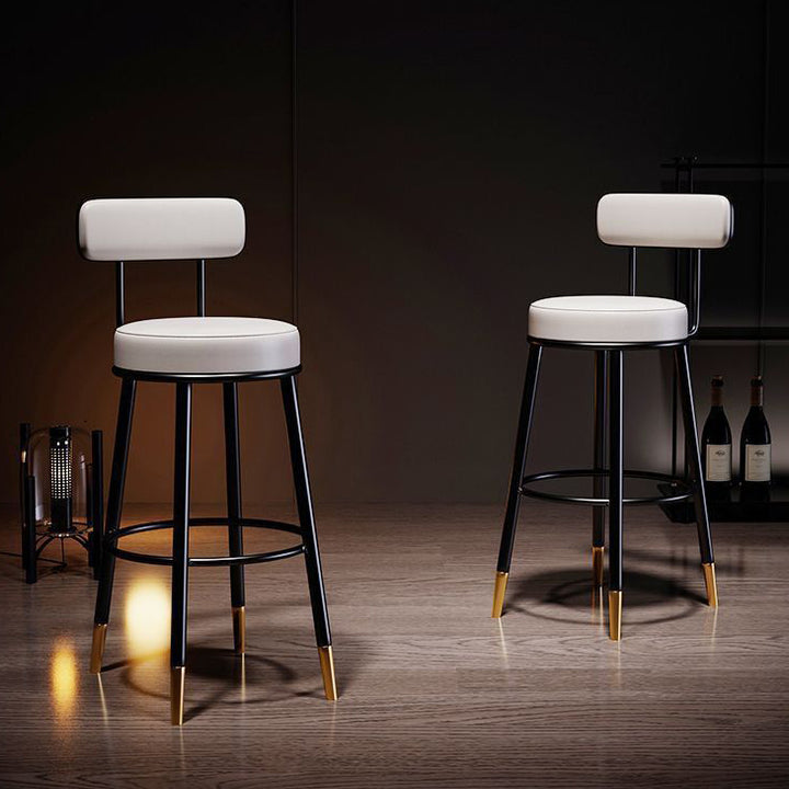 Tabouret de bar en fer avec dossier et repose-pieds en cuir PU rond nordique contemporain en cuir microfibre cuir véritable meilleur matériau cuir véritable pour salle à manger 