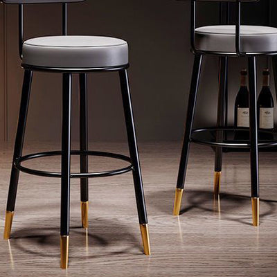 Taburete de barra contemporáneo nórdico redondo de cuero PU cuero de microfibra cuero genuino mejor material cuero genuino tapizado de hierro con respaldo reposapiés para comedor 