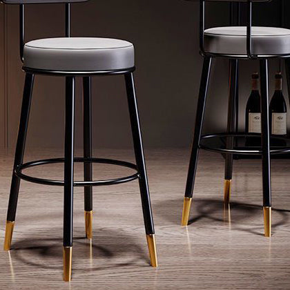 Taburete de barra contemporáneo nórdico redondo de cuero PU cuero de microfibra cuero genuino mejor material cuero genuino tapizado de hierro con respaldo reposapiés para comedor 