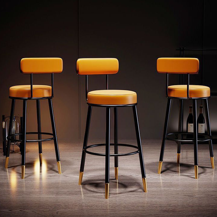 Tabouret de bar en fer avec dossier et repose-pieds en cuir PU rond nordique contemporain en cuir microfibre cuir véritable meilleur matériau cuir véritable pour salle à manger 