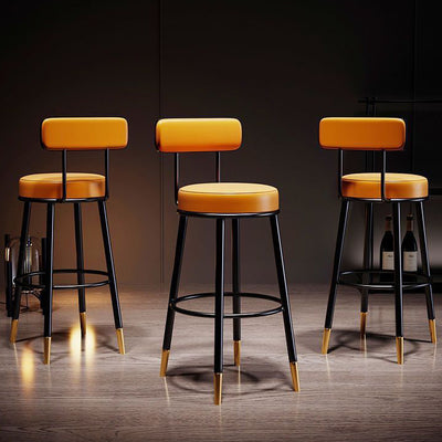 Taburete de barra contemporáneo nórdico redondo de cuero PU cuero de microfibra cuero genuino mejor material cuero genuino tapizado de hierro con respaldo reposapiés para comedor 