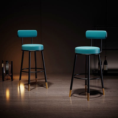 Taburete de barra contemporáneo nórdico redondo de cuero PU cuero de microfibra cuero genuino mejor material cuero genuino tapizado de hierro con respaldo reposapiés para comedor 