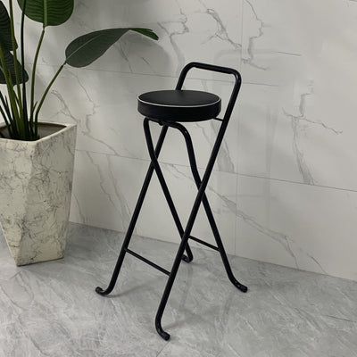 Tabouret de bar pliable contemporain en cuir PU rond industriel avec tube en fer, dossier bas et repose-pieds pour salle à manger 
