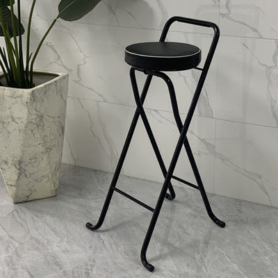 Tabouret de bar pliable contemporain en cuir PU rond industriel avec tube en fer, dossier bas et repose-pieds pour salle à manger 