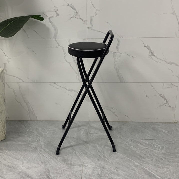 Tabouret de bar pliable contemporain en cuir PU rond industriel avec tube en fer, dossier bas et repose-pieds pour salle à manger 