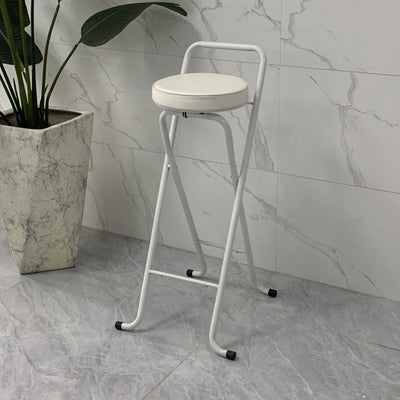 Tabouret de bar pliable contemporain en cuir PU rond industriel avec tube en fer, dossier bas et repose-pieds pour salle à manger 