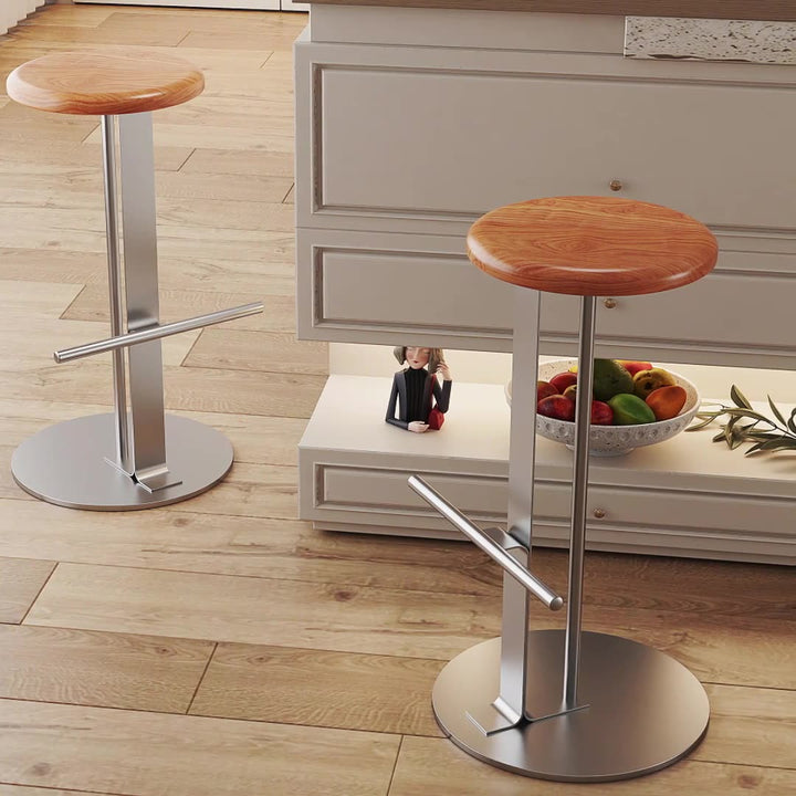 Traditional Colonial Round Pine Wood Carbon Steel Bar Stool Backless Footrest For Dining Room