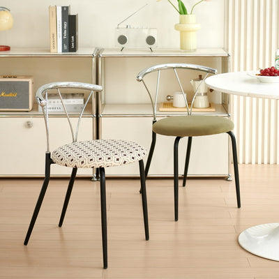 Moderna silla de comedor de pana con patrón de diamantes redondos eclécticos y respaldo de líneas geométricas de acero inoxidable para el comedor 