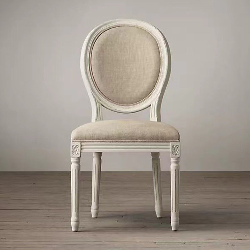 Moderner Shabby-Chic Esszimmerstuhl mit Rückenlehne aus weiß lackiertem, abgenutztem Eschenholz und Polyesterstoff für das Wohnzimmer 