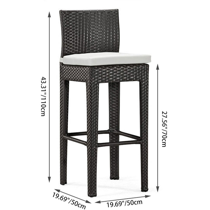 Taburete de bar contemporáneo industrial cuadrado de acero con tejido de ratán PE, asiento de tela impermeable, respaldo y reposapiés para patio exterior 