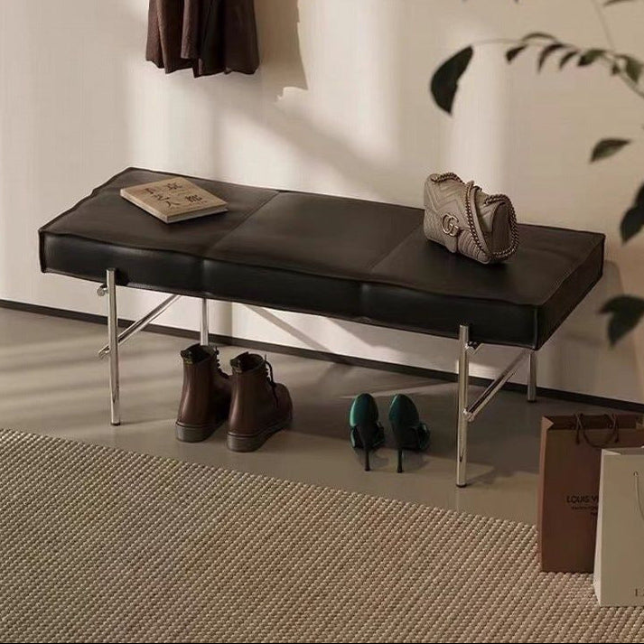Modern Transitional Rectangular PU Leather Upholstered Stainless Steel Entryway Bench Footstool For Living Room