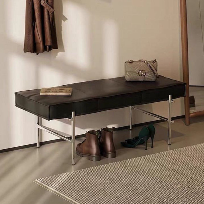 Modern Transitional Rectangular PU Leather Upholstered Stainless Steel Entryway Bench Footstool For Living Room