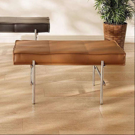 Modern Transitional Rectangular PU Leather Upholstered Stainless Steel Entryway Bench Footstool For Living Room