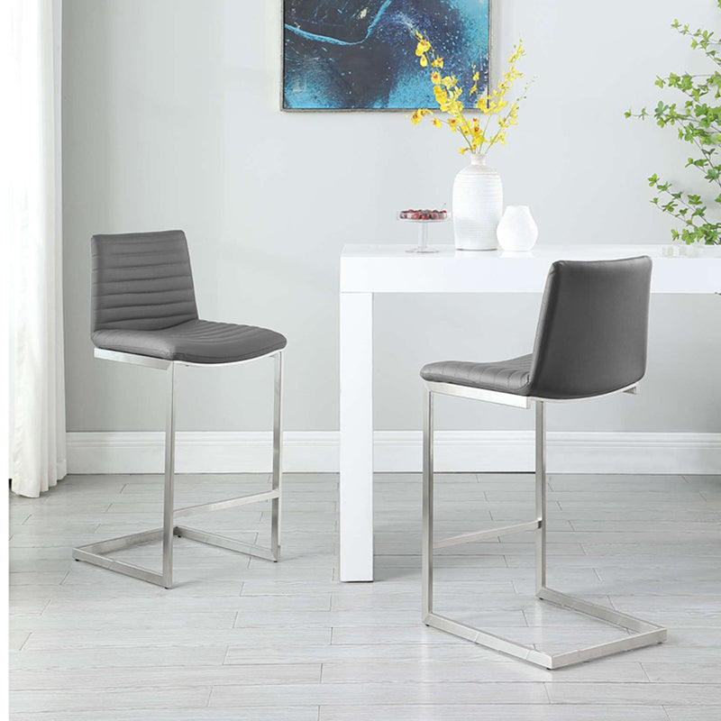 Moderner minimalistischer gerippter PU-Leder-Edelstahl-Barhocker ohne Armlehne mit Fußstütze für das Esszimmer 