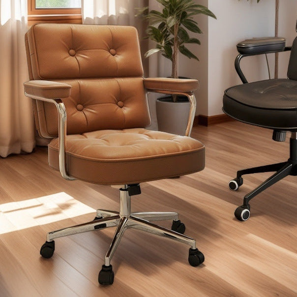 Modern Mid-Century Tufted Faux Leather Upholstered Five-Spoke Caster Base Desk Chair Armrest For Home Office