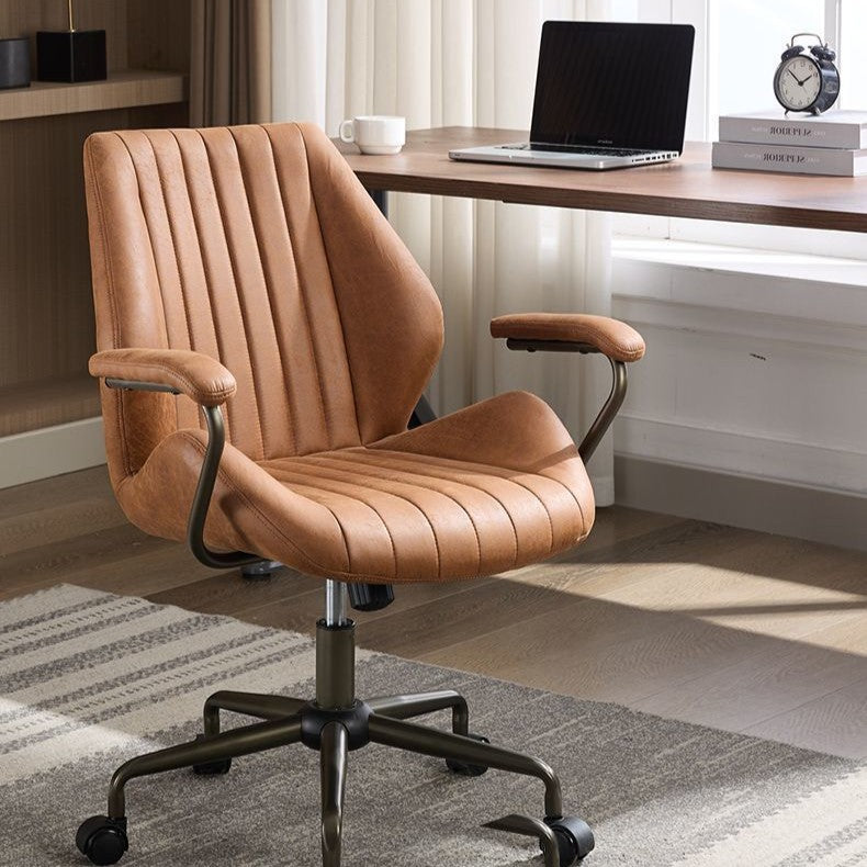 Moderner luxuriöser Drehstuhl mit höhenverstellbarem Gestell aus Eisen, gestreiftem Kunstwildlederbezug und fünfarmigem Rollfuß für das Homeoffice 