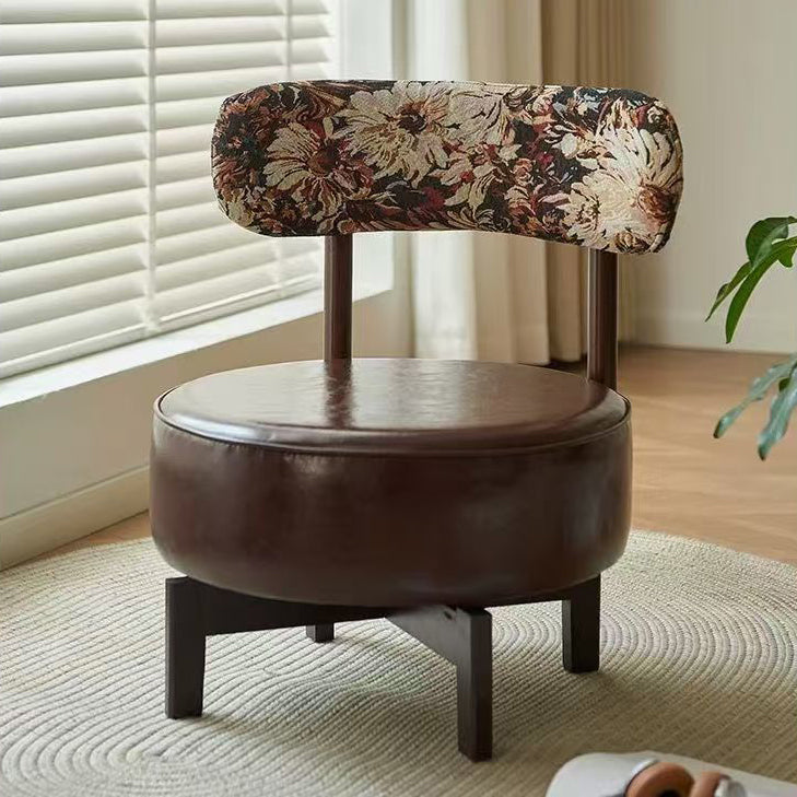 Modern Transitional Round Oil-Waxed Leather Solid Wood Swivel Chair Sunflower Pattern Backrest For Living Room