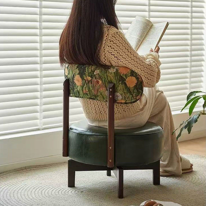 Modern Transitional Round Oil-Waxed Leather Solid Wood Swivel Chair Sunflower Pattern Backrest For Living Room