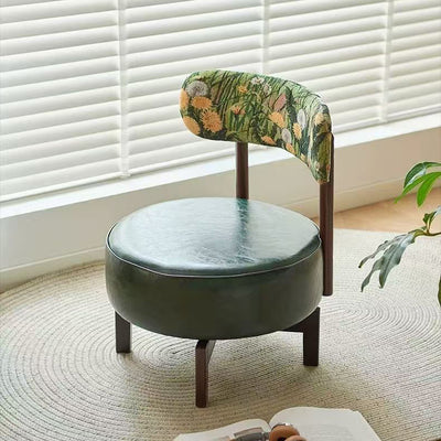 Modern Transitional Round Oil-Waxed Leather Solid Wood Swivel Chair Sunflower Pattern Backrest For Living Room