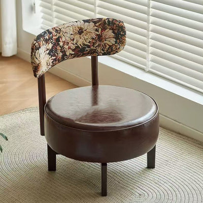 Modern Transitional Round Oil-Waxed Leather Solid Wood Swivel Chair Sunflower Pattern Backrest For Living Room