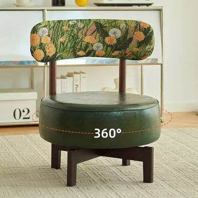 Modern Transitional Round Oil-Waxed Leather Solid Wood Swivel Chair Sunflower Pattern Backrest For Living Room
