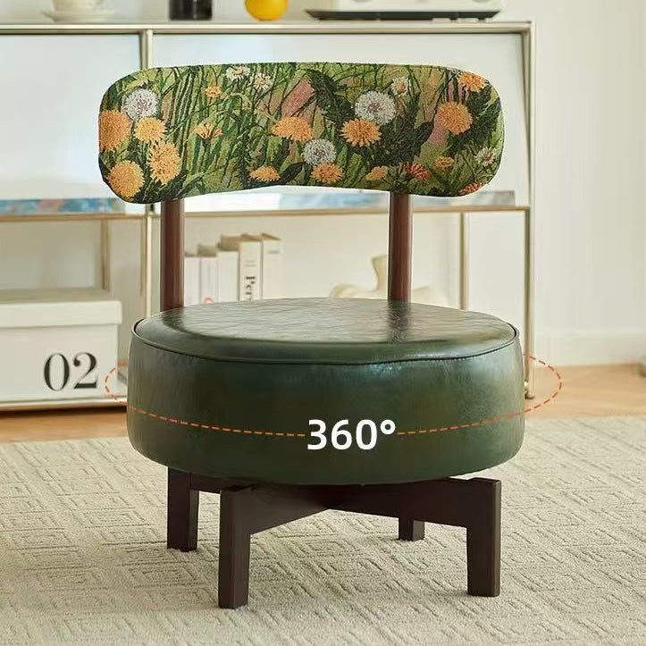 Modern Transitional Round Oil-Waxed Leather Solid Wood Swivel Chair Sunflower Pattern Backrest For Living Room