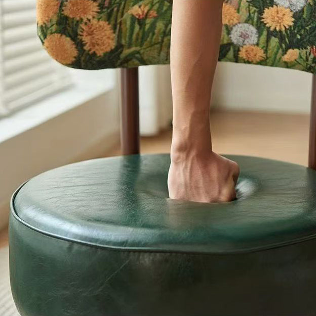Modern Transitional Round Oil-Waxed Leather Solid Wood Swivel Chair Sunflower Pattern Backrest For Living Room