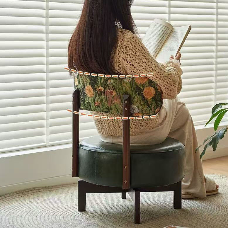 Modern Transitional Round Oil-Waxed Leather Solid Wood Swivel Chair Sunflower Pattern Backrest For Living Room