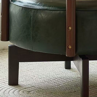 Modern Transitional Round Oil-Waxed Leather Solid Wood Swivel Chair Sunflower Pattern Backrest For Living Room