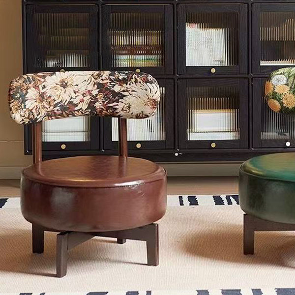 Modern Transitional Round Oil-Waxed Leather Solid Wood Swivel Chair Sunflower Pattern Backrest For Living Room