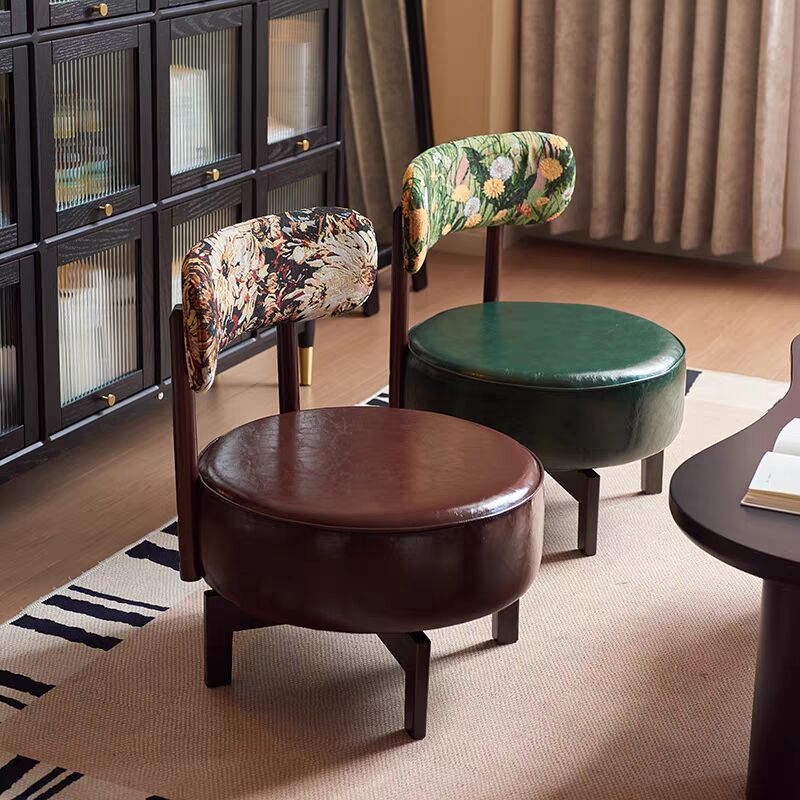 Modern Transitional Round Oil-Waxed Leather Solid Wood Swivel Chair Sunflower Pattern Backrest For Living Room