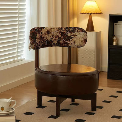 Modern Transitional Round Oil-Waxed Leather Solid Wood Swivel Chair Sunflower Pattern Backrest For Living Room