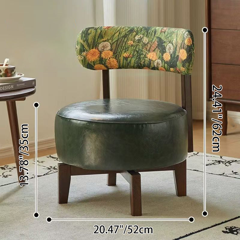 Modern Transitional Round Oil-Waxed Leather Solid Wood Swivel Chair Sunflower Pattern Backrest For Living Room
