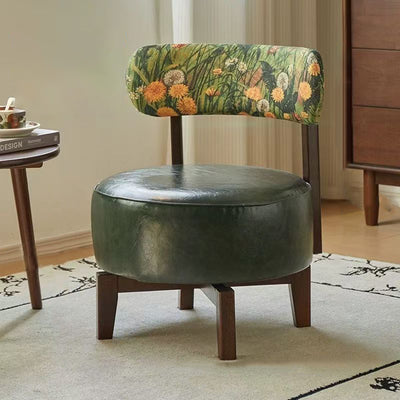 Modern Transitional Round Oil-Waxed Leather Solid Wood Swivel Chair Sunflower Pattern Backrest For Living Room
