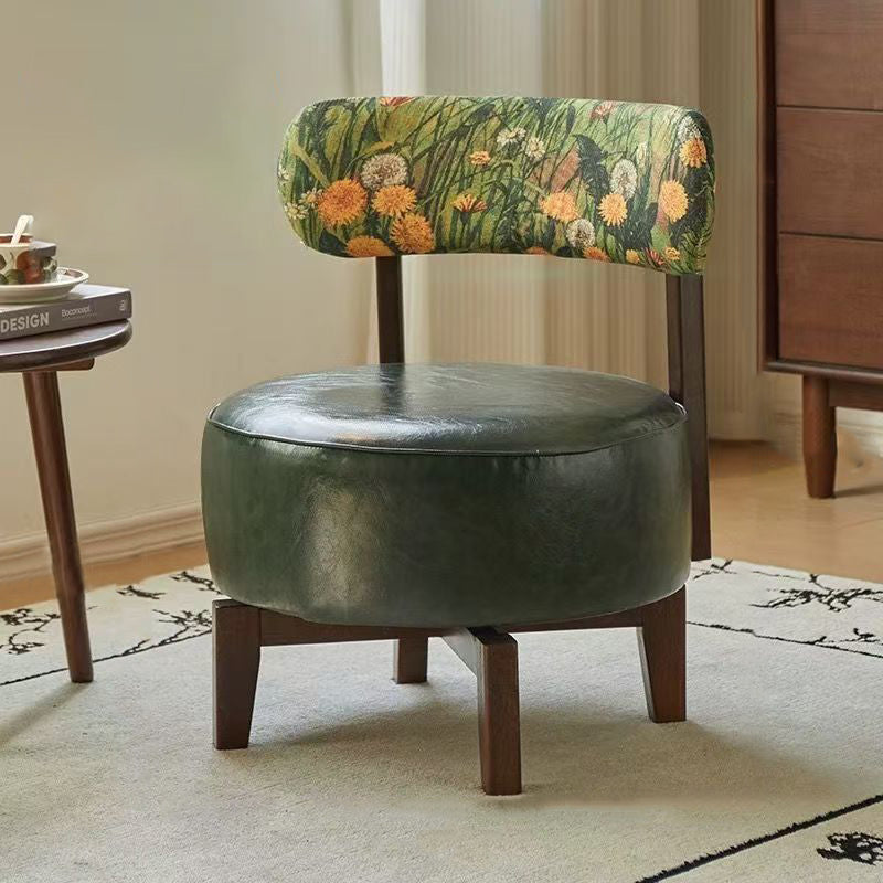Modern Transitional Round Oil-Waxed Leather Solid Wood Swivel Chair Sunflower Pattern Backrest For Living Room